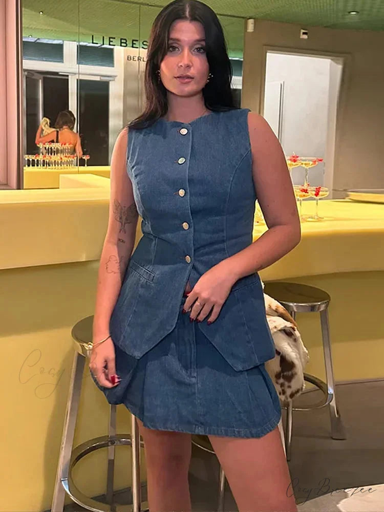 Jean Plain Buttoned Sleeveless Work Set officetwopieceset-250223
