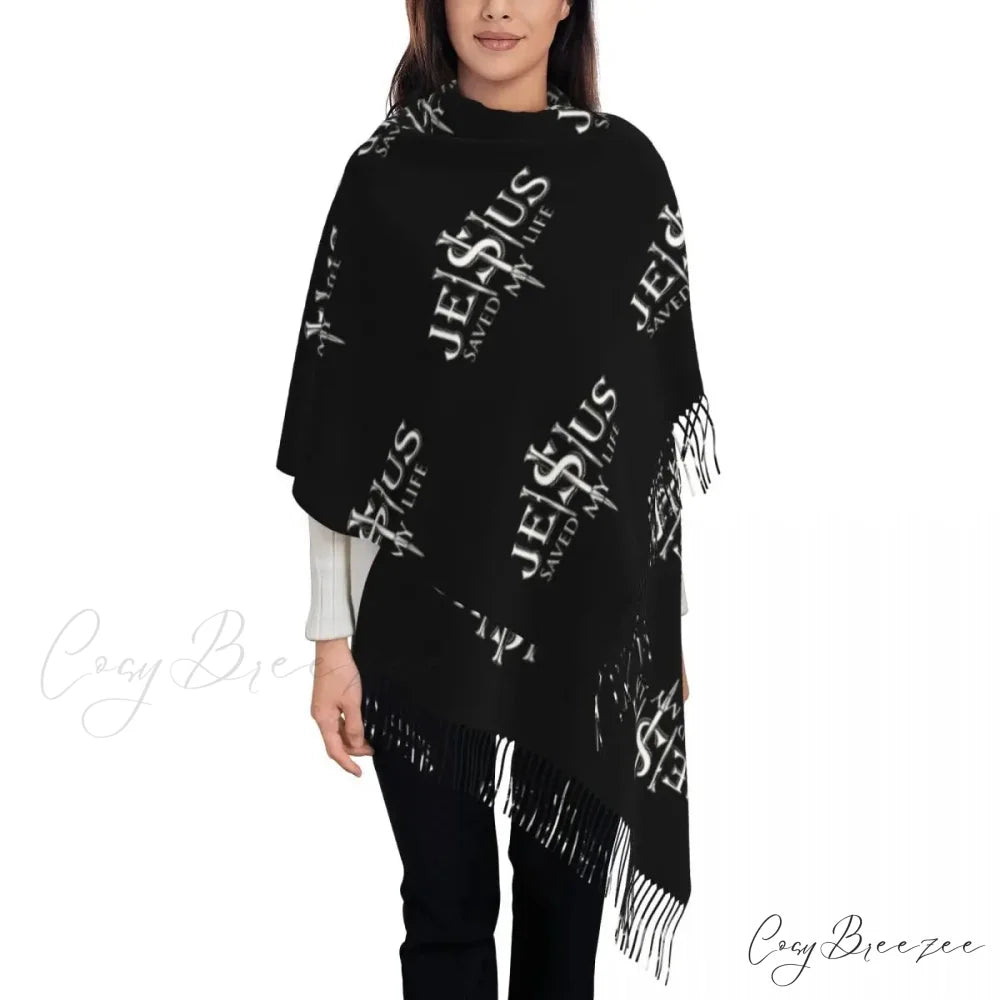 Jesus Saved My Life Warm Winter Christian Faith Shawl Wrap Scarf BLACK 17 / 72x197cm