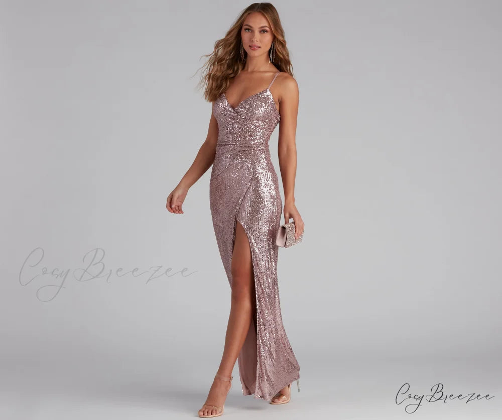 Jewel Formal High Charming Slit Sequin Dress
