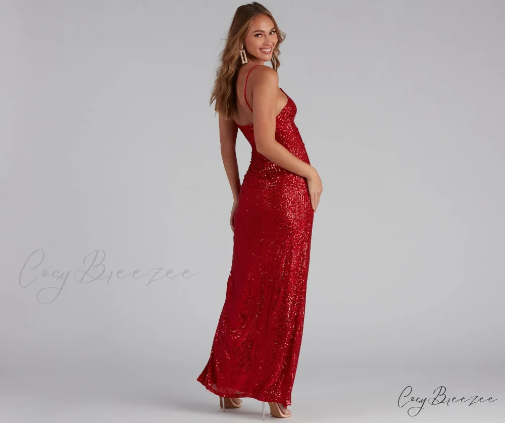 Jewel Formal High Charming Slit Sequin Dress