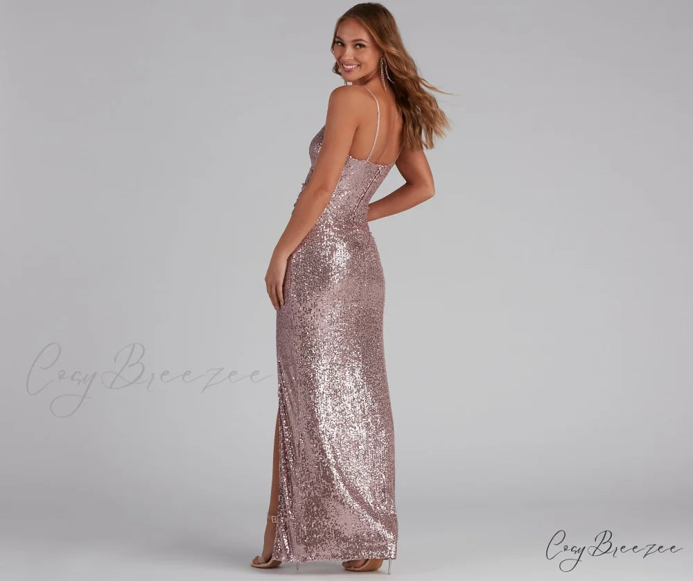 Jewel Formal High Charming Slit Sequin Dress