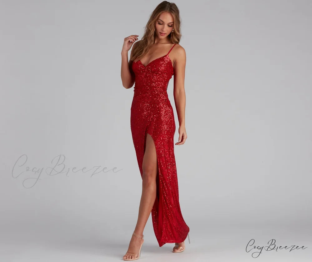 Jewel Formal High Charming Slit Sequin Dress RED / XS