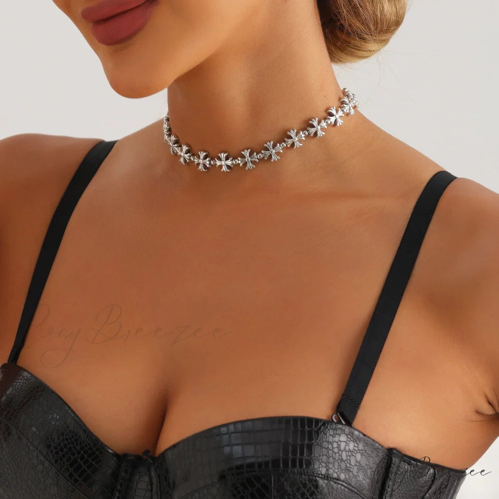 K Cross Heart Vintage Elastic Necklace WHITE