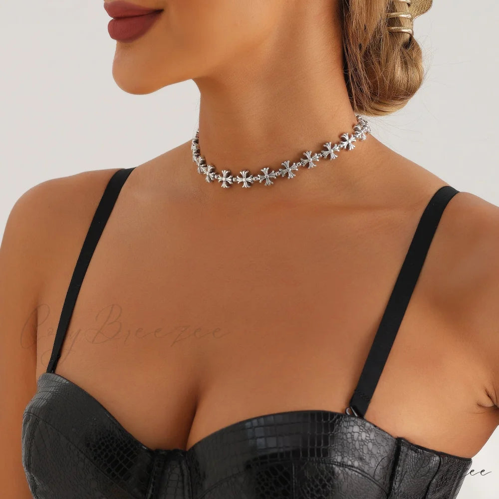 K Cross Heart Vintage Elastic Necklace WHITE