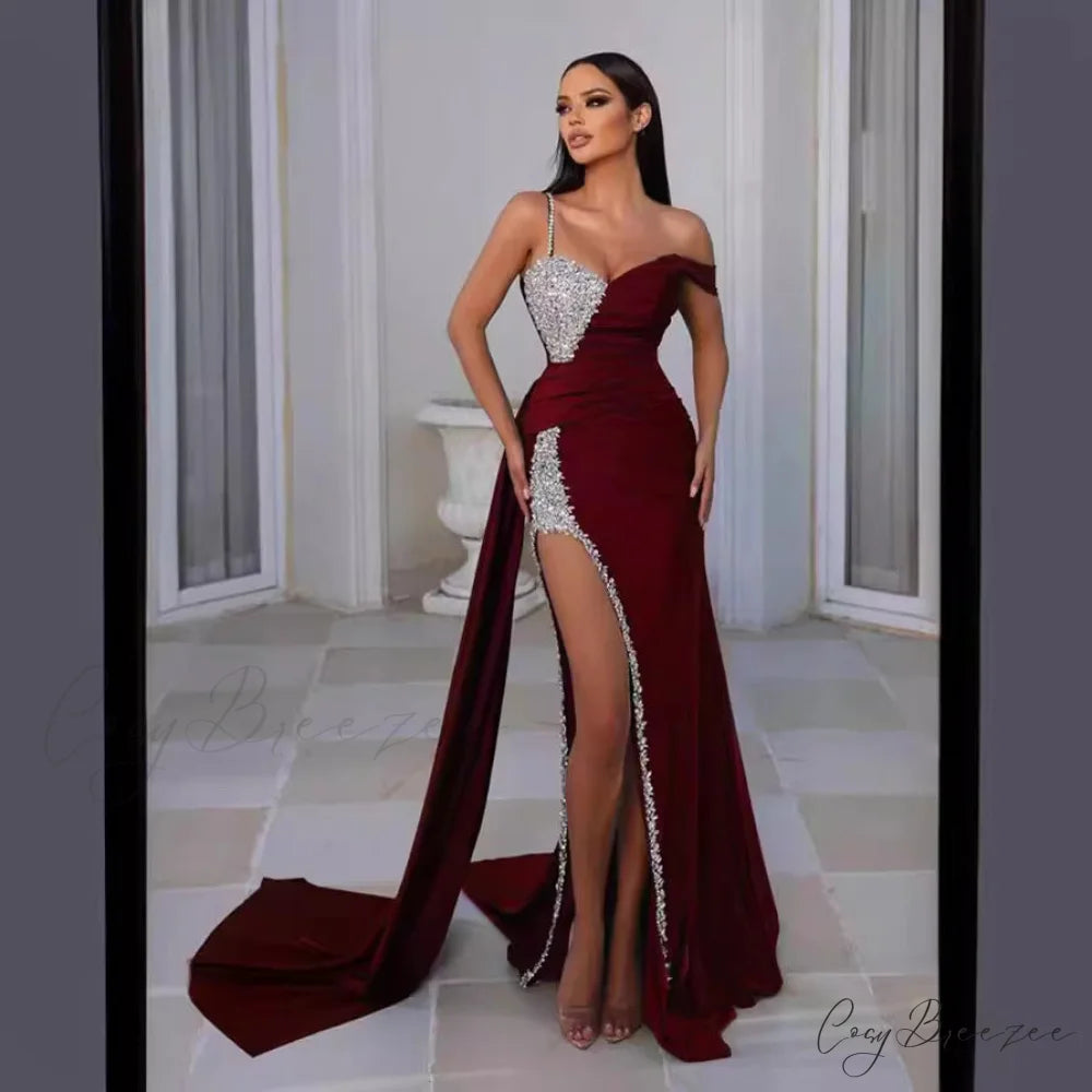 Kaleigh Off Stylish Shoulder Dress Wine red / S