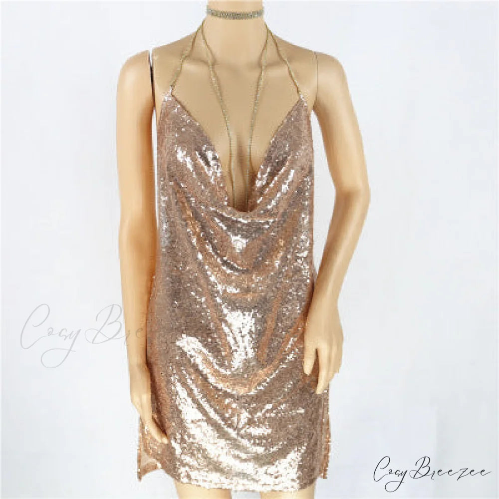 Karina Formal Sequin Charming Cross Back Mini Dress Rose gold / S