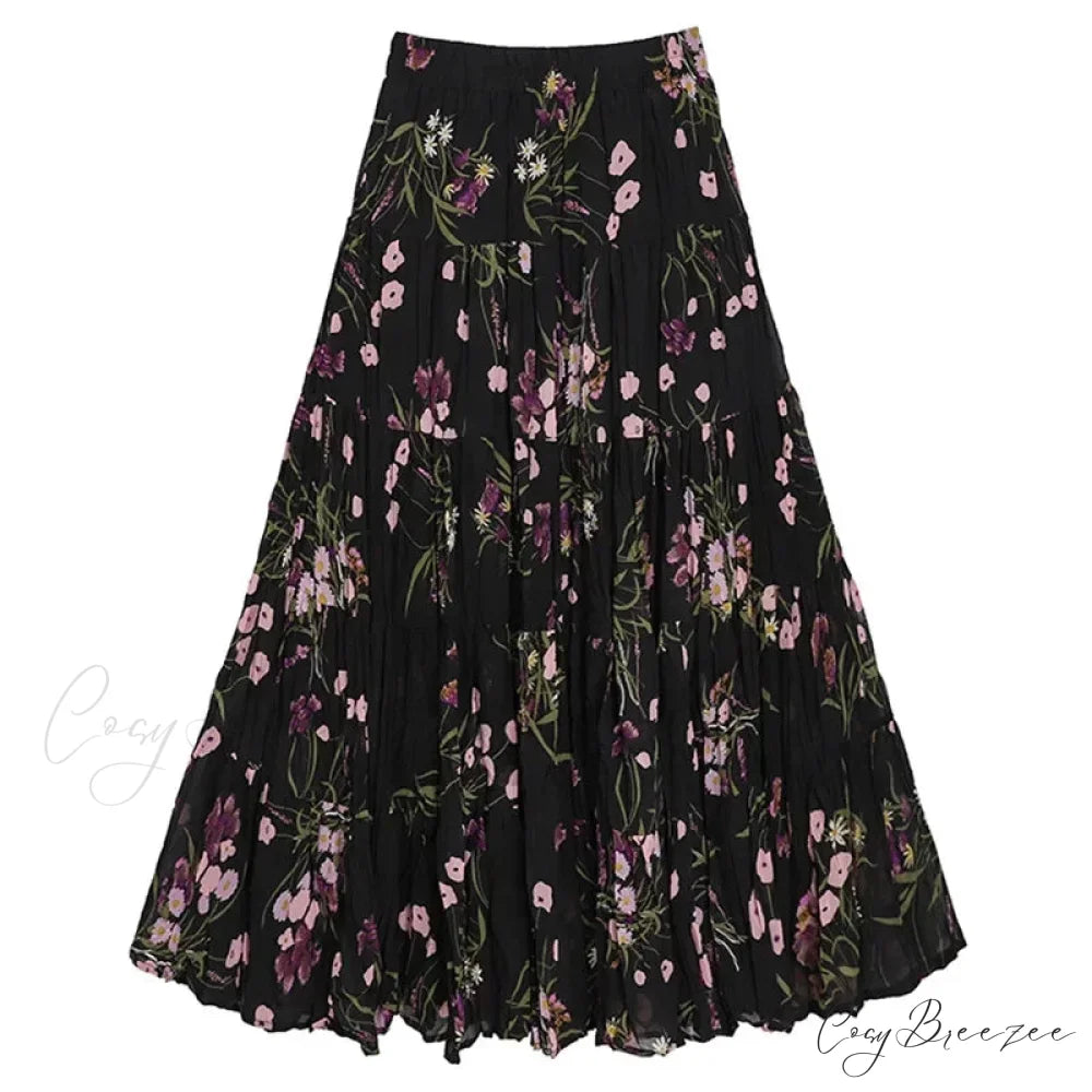 Kawaii Bohemian Floral Maxi Skirt Summer Retro Romantic black / One Size skirt-250126