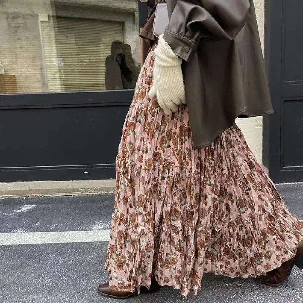 Kawaii Bohemian Floral Maxi Skirt Summer Retro Romantic khaki / One Size skirt-250126