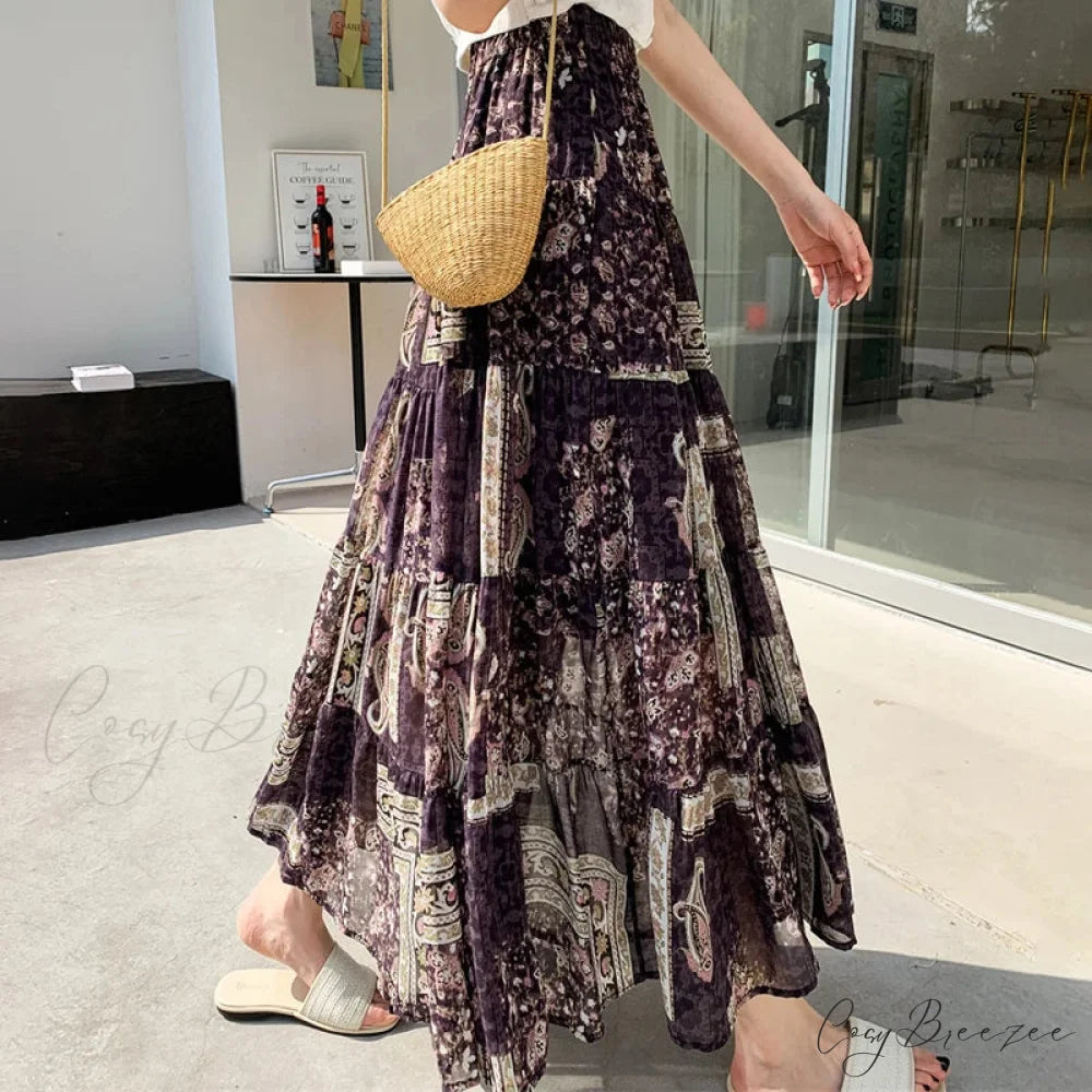 Kawaii Chiffon Splice Floral Tea Break Skirt PURPLE / One Size skirt-250126