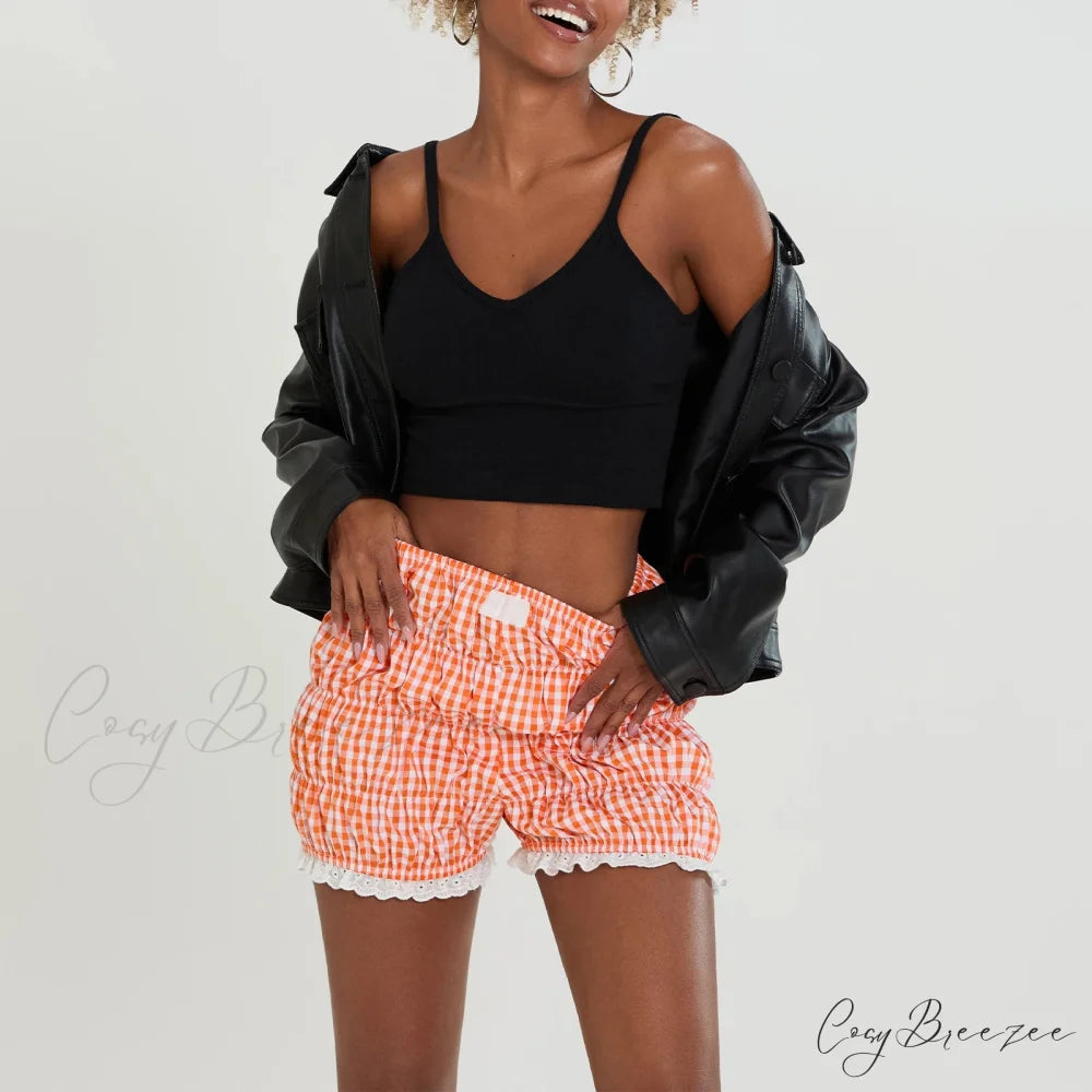 Kawaii Lace Hem Plaid Bloomer Shorts short-250223