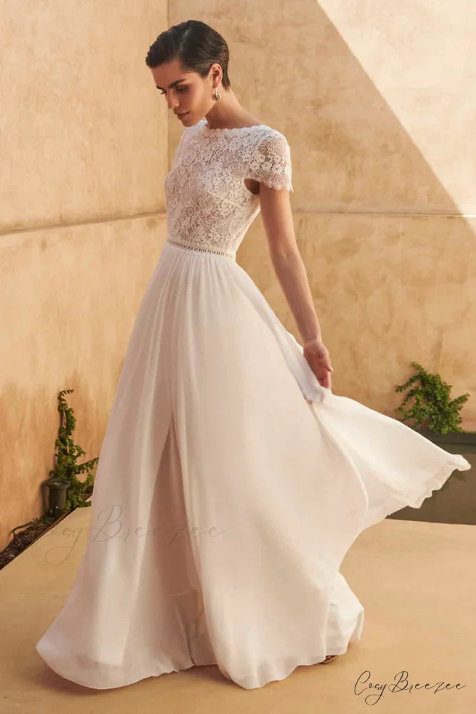 Kelsey Lace Graceful Chiffon Wedding Dress Ivory / 2