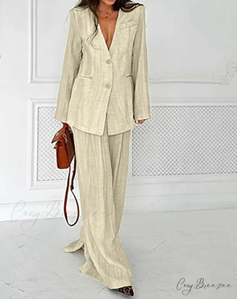 Khaki Deep V-Neck Loose Trousers Office Set officetwopieceset-250223