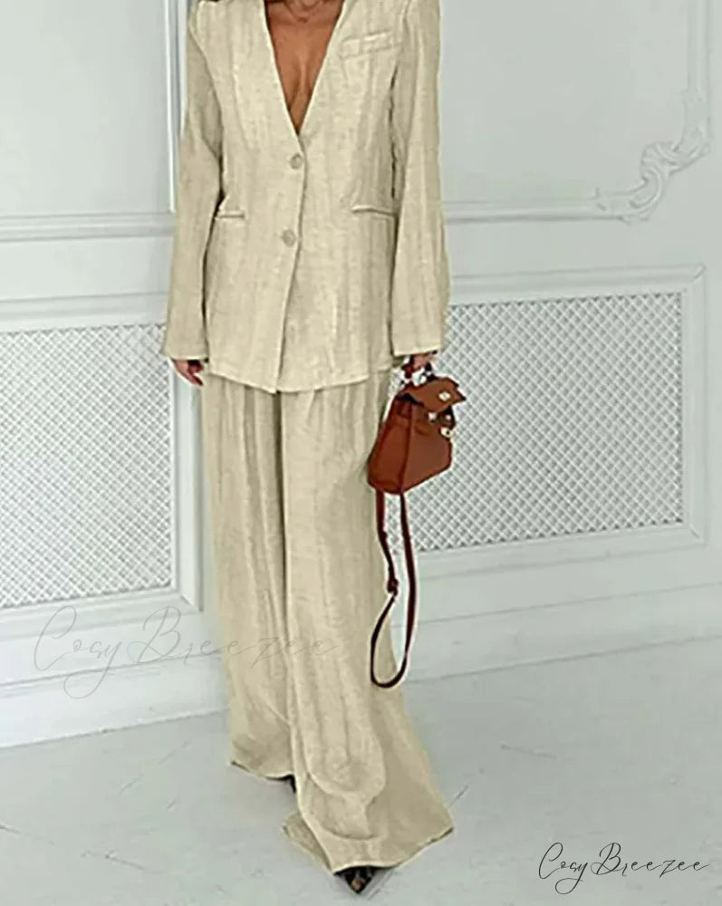 Khaki Deep V-Neck Loose Trousers Office Set Khaki / S officetwopieceset-250223
