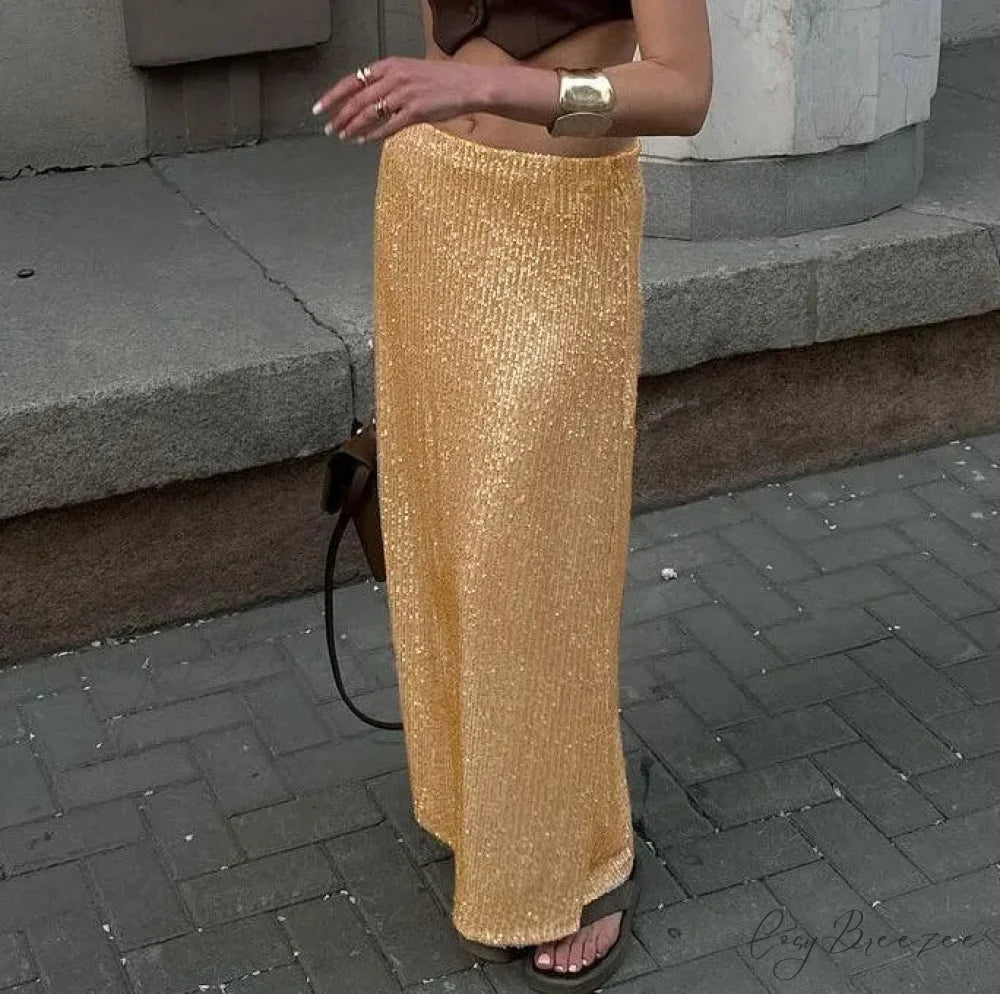 Khaki Sequins Long High Waist Slit Skirt Gold / S