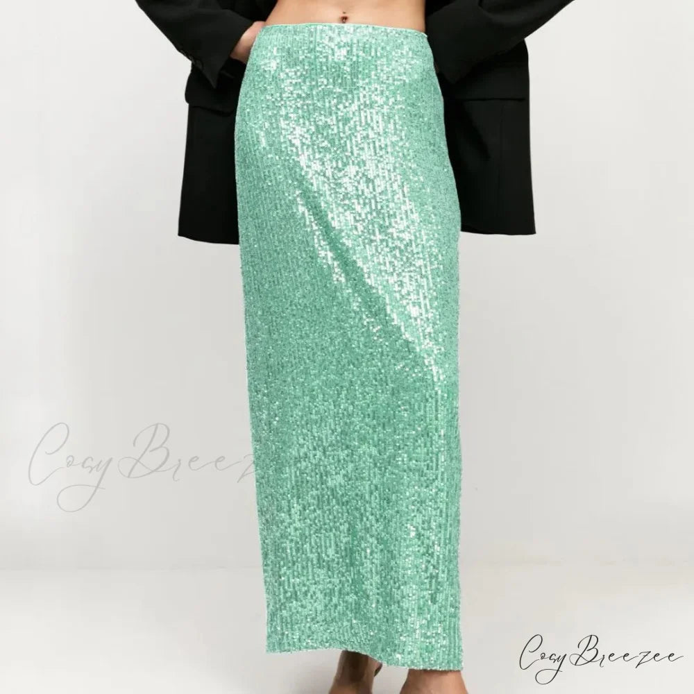 Khaki Sequins Long High Waist Slit Skirt Green / S