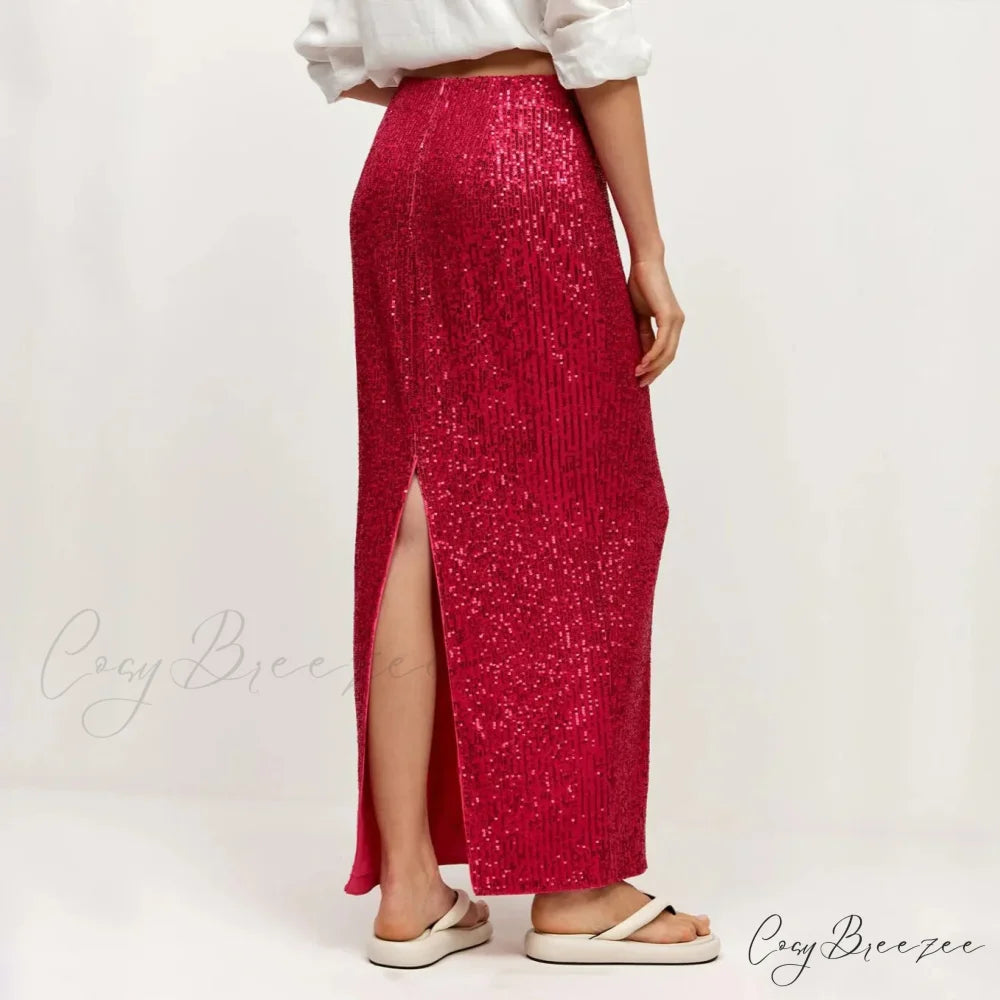 Khaki Sequins Long High Waist Slit Skirt Red / S