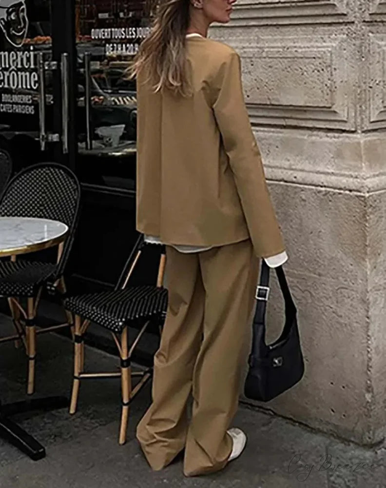 Khaki Simple Shirt Trousers Office Set officetwopieceset-250223