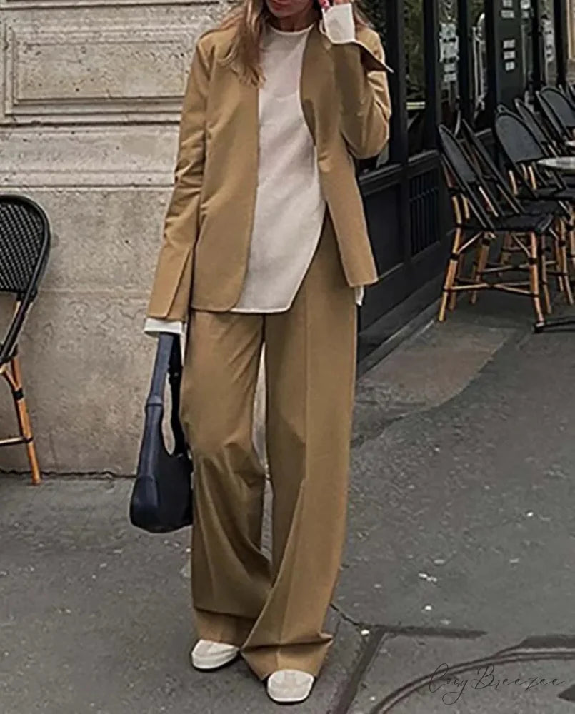 Khaki Simple Shirt Trousers Office Set Khaki / S officetwopieceset-250223