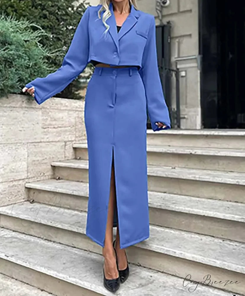 Khaki Single Button Crop Skirt Office Set Blue / S officetwopieceset-250223