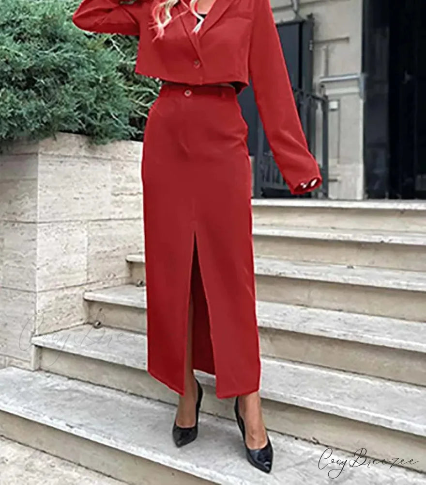 Khaki Single Button Crop Skirt Office Set Red / S officetwopieceset-250223