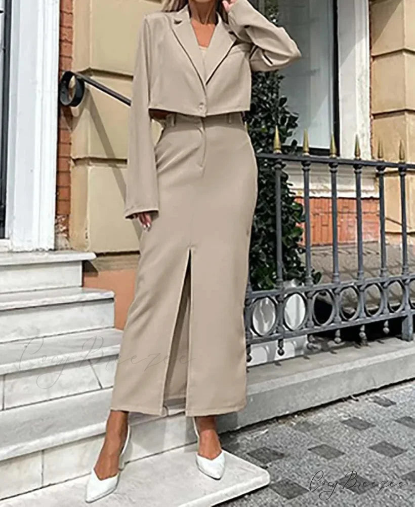 Khaki Single Button Crop Skirt Office Set Khaki / S officetwopieceset-250223