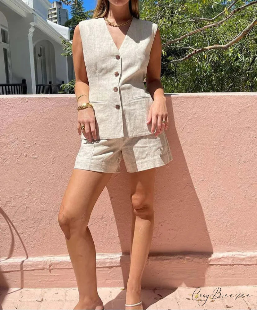 Khaki Sleeveless Button Shorts Office Set officetwopieceset-250223