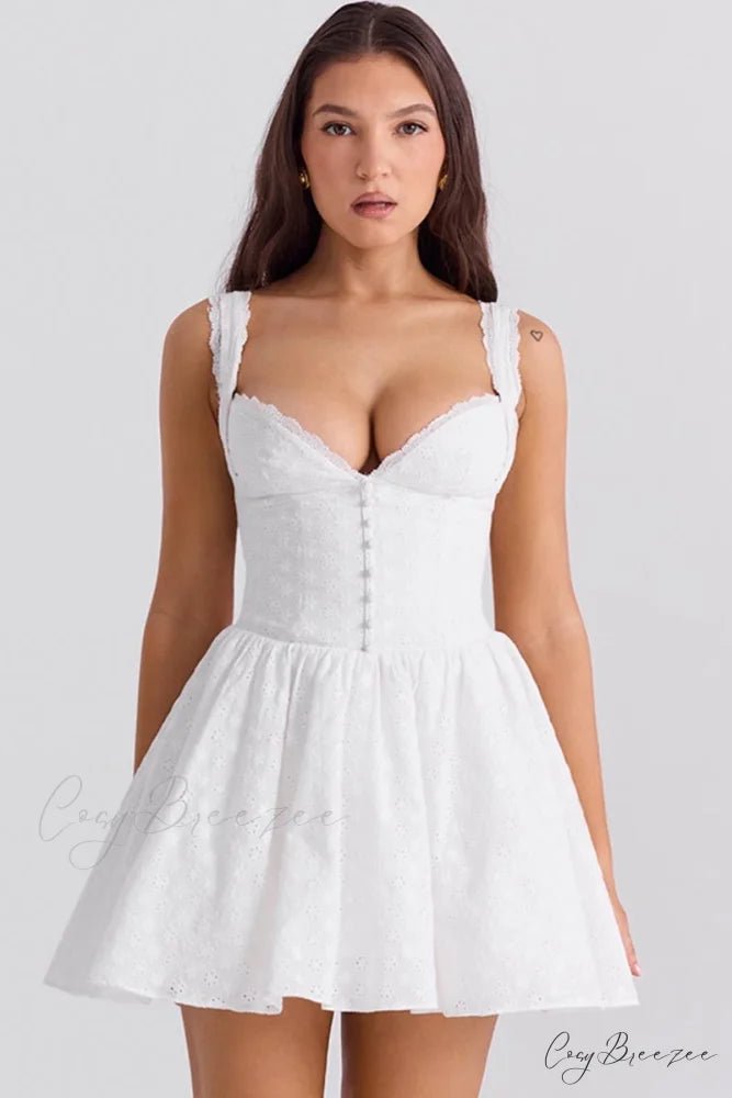 Kimmy White Eyelet Trendy Embroidered Mini Dress White / XS