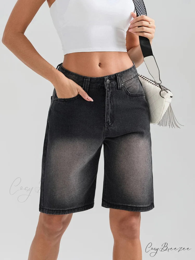 Knee-Length Button Denim Shorts Black / S short-250223