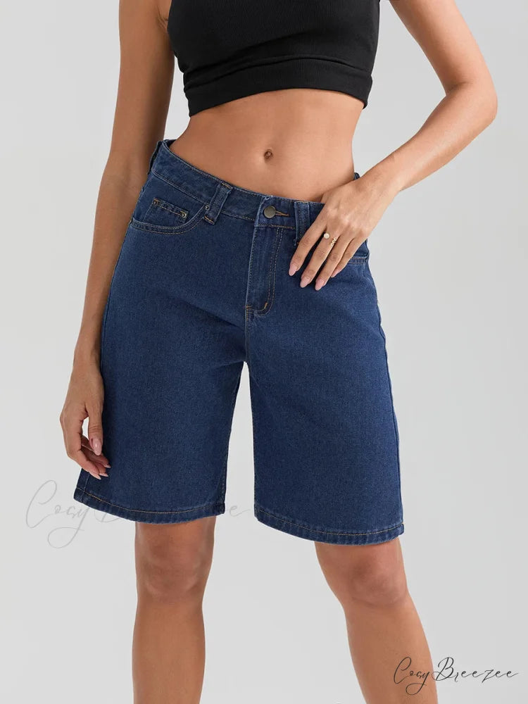Knee-Length Button Denim Shorts Blue / S short-250223