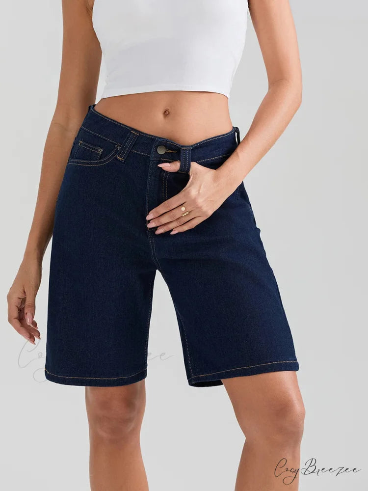 Knee-Length Button Denim Shorts DEEP BLUE / S short-250223