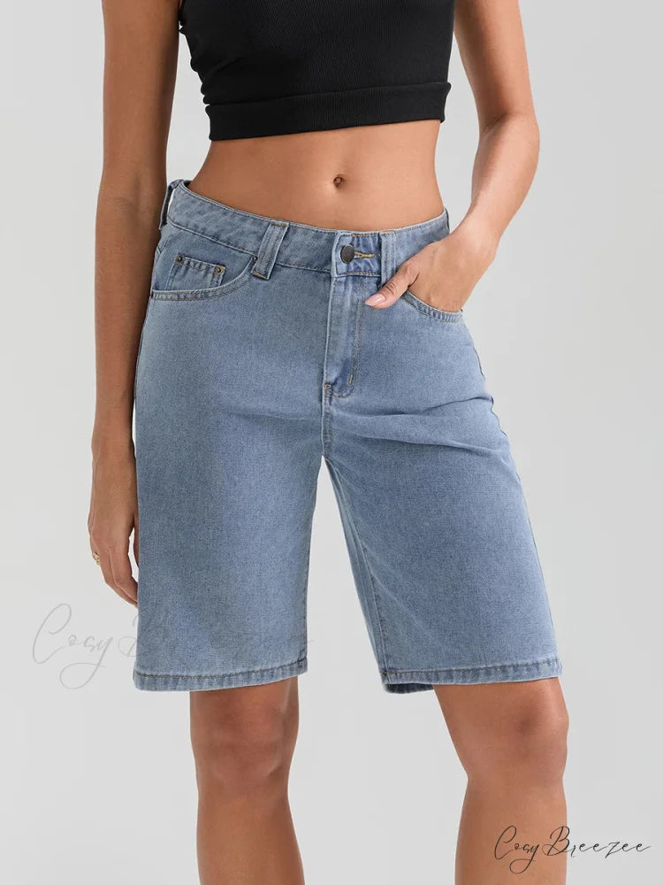 Knee-Length Button Denim Shorts Light Blue / S short-250223