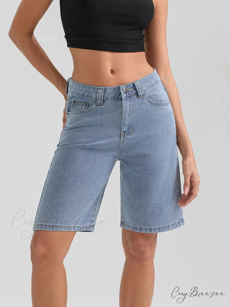 Knee-Length Button Denim Shorts short-250223