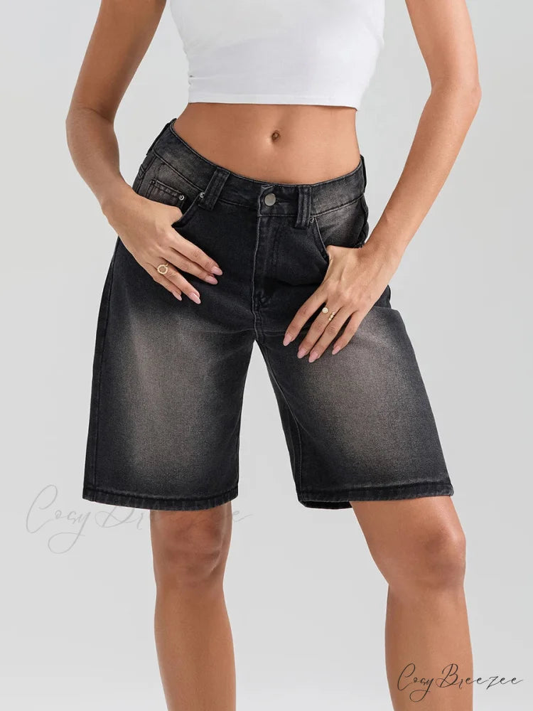 Knee-Length Button Denim Shorts short-250223