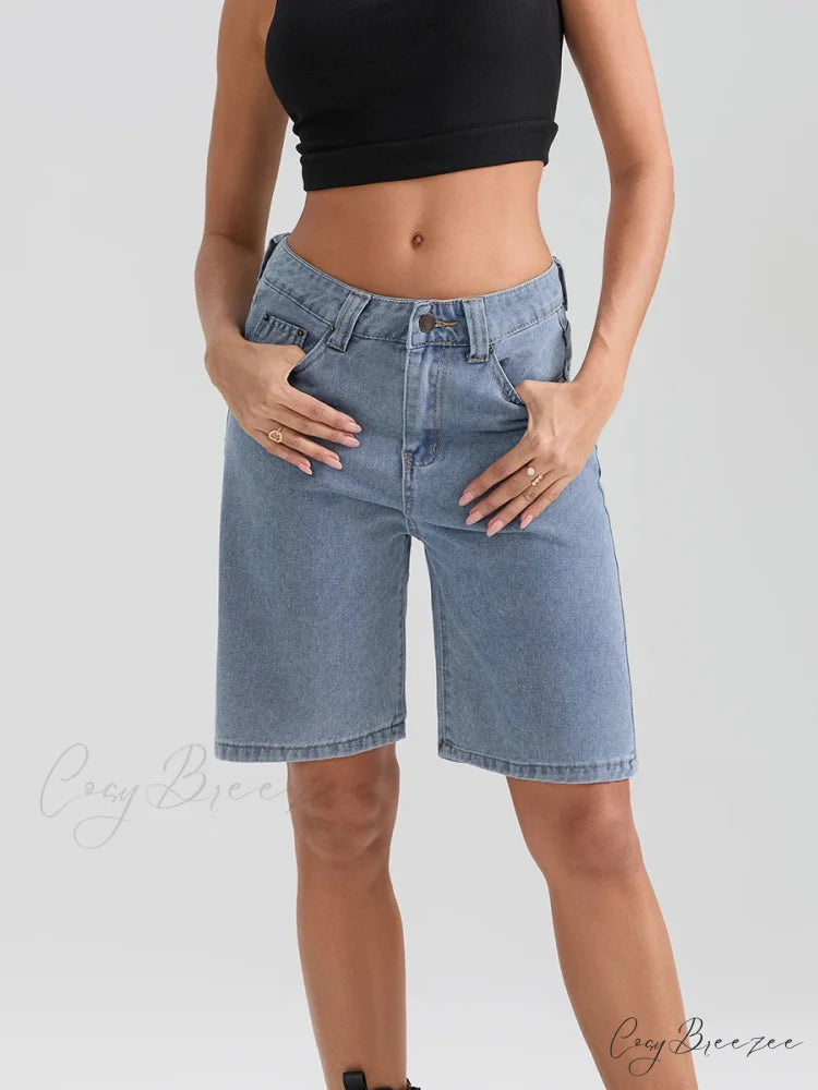 Knee-Length Button Denim Shorts short-250223