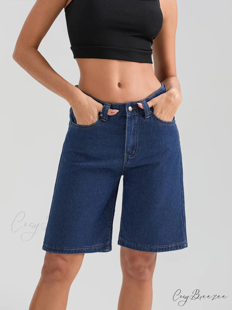 Knee-Length Button Denim Shorts short-250223
