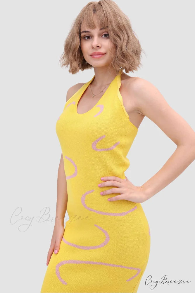 Knit Backless Halter Dress Yellow / L