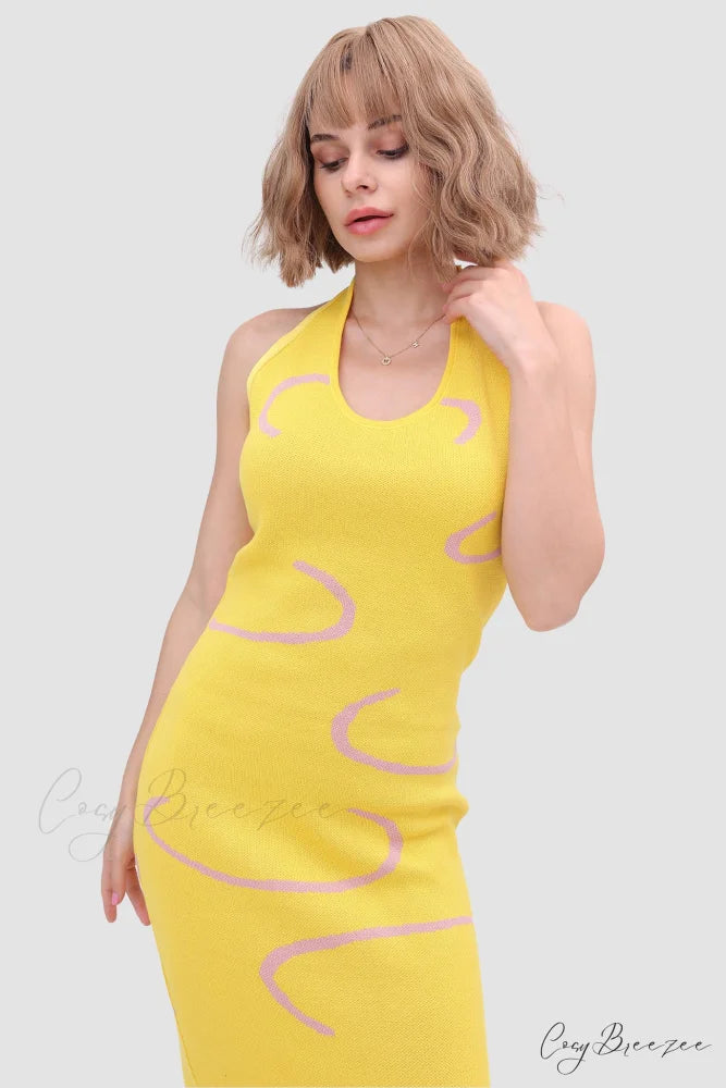 Knit Backless Halter Dress Yellow / M