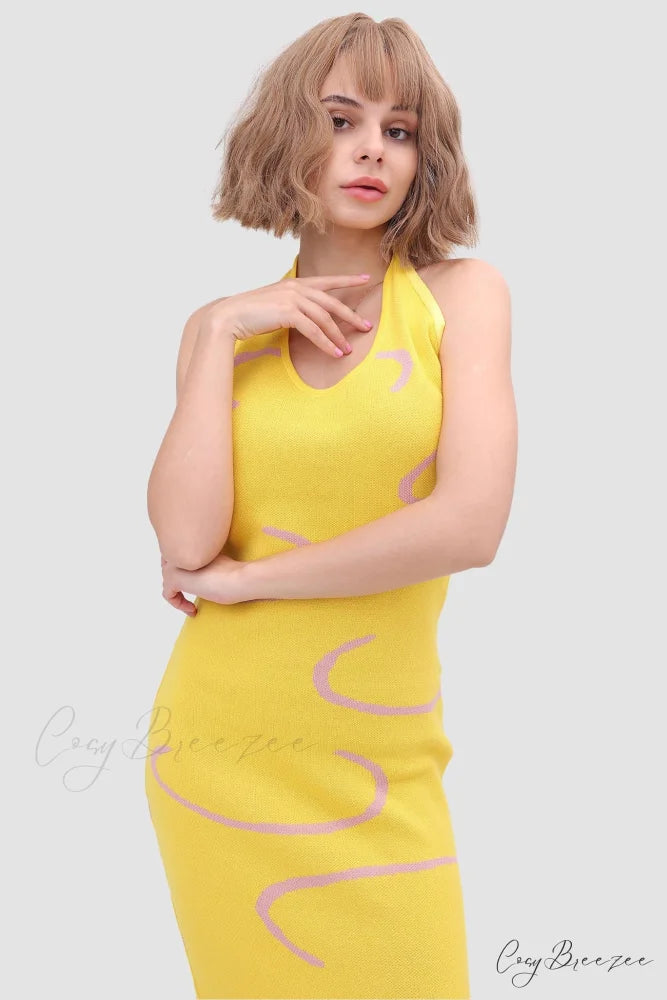Knit Backless Halter Dress Yellow / XL