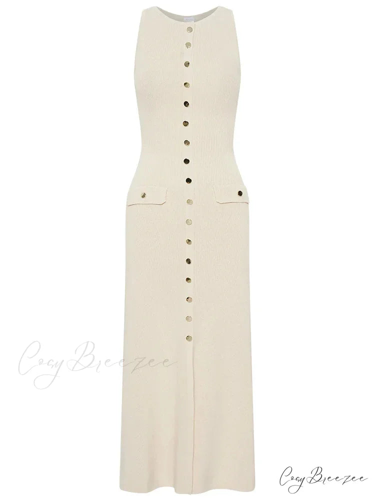 Knit Buttoned Stylish Midi Dress