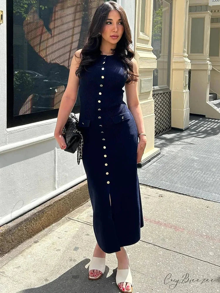 Knit Buttoned Stylish Midi Dress