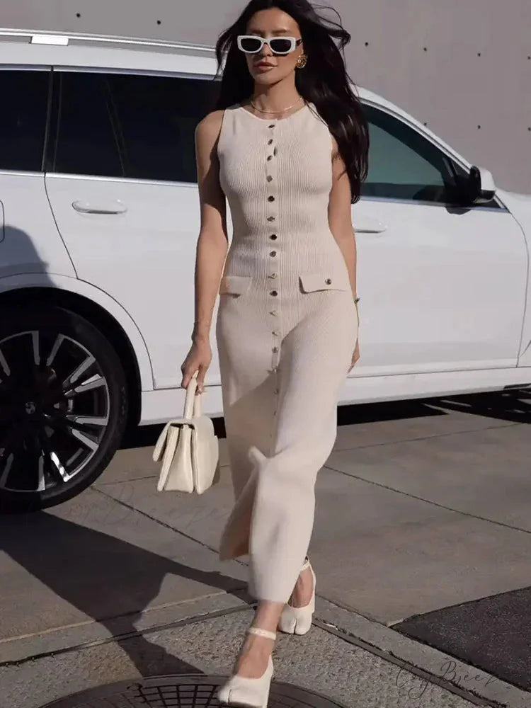 Knit Buttoned Stylish Midi Dress