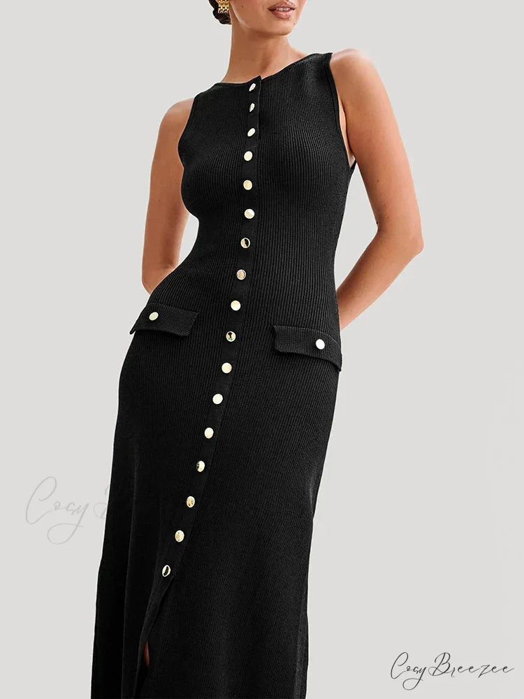 Knit Buttoned Stylish Midi Dress Black / S