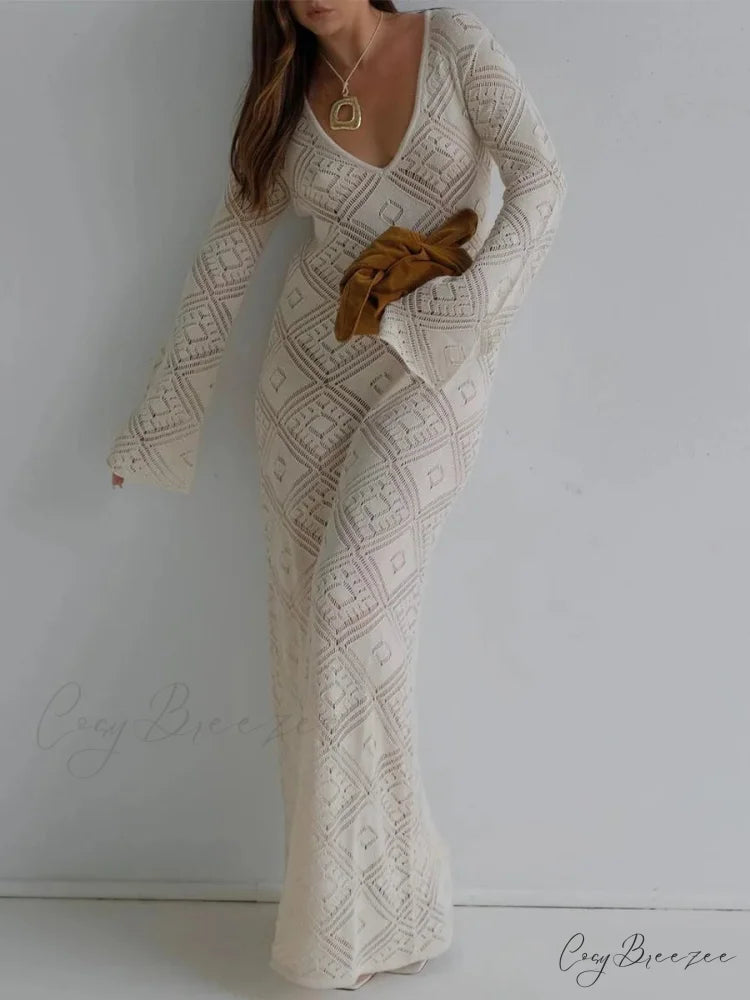 Knit Hollow V Sweater Maxi Dress