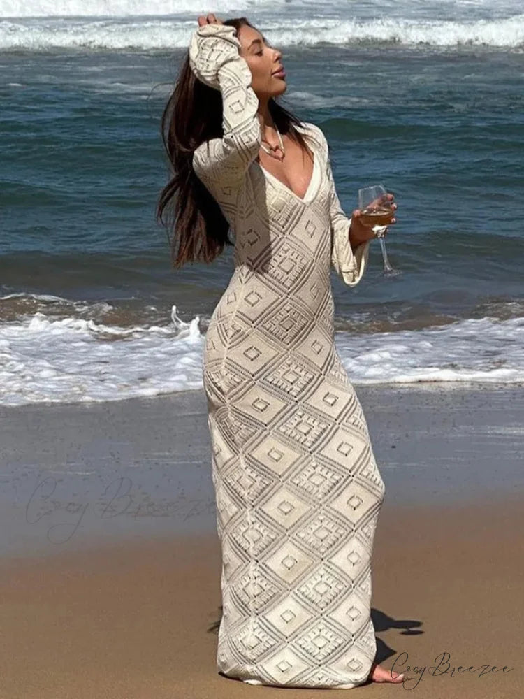 Knit Hollow V Sweater Maxi Dress