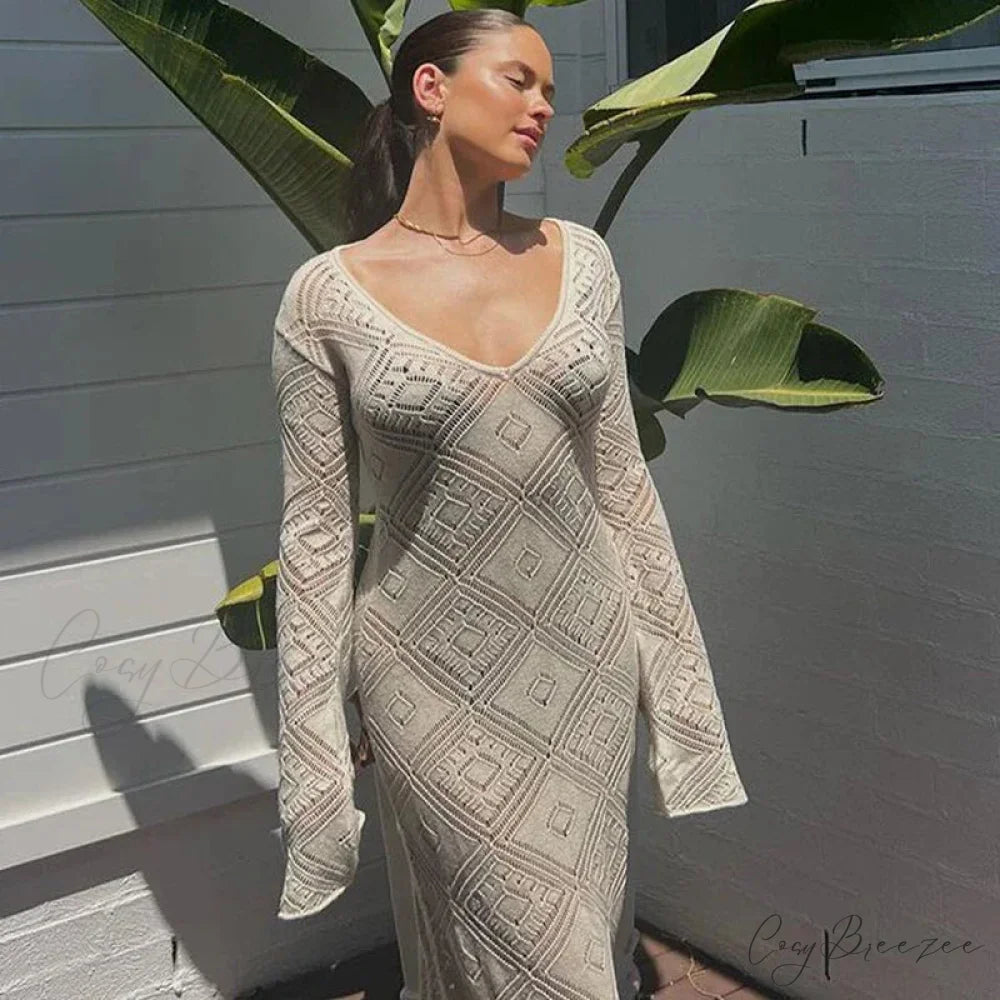 Knit Hollow V Sweater Maxi Dress