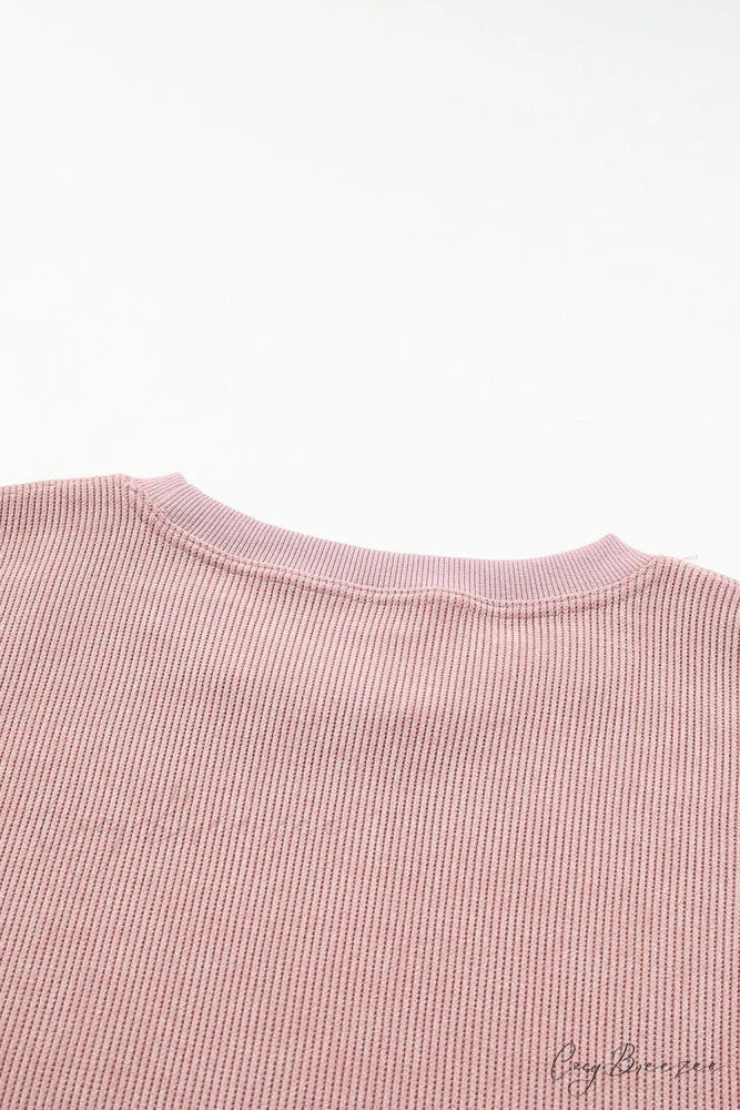 Knit Neck Pullover Ribbed Pink Round Sweatshirt