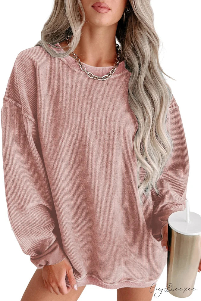 Knit Neck Pullover Ribbed Pink Round Sweatshirt