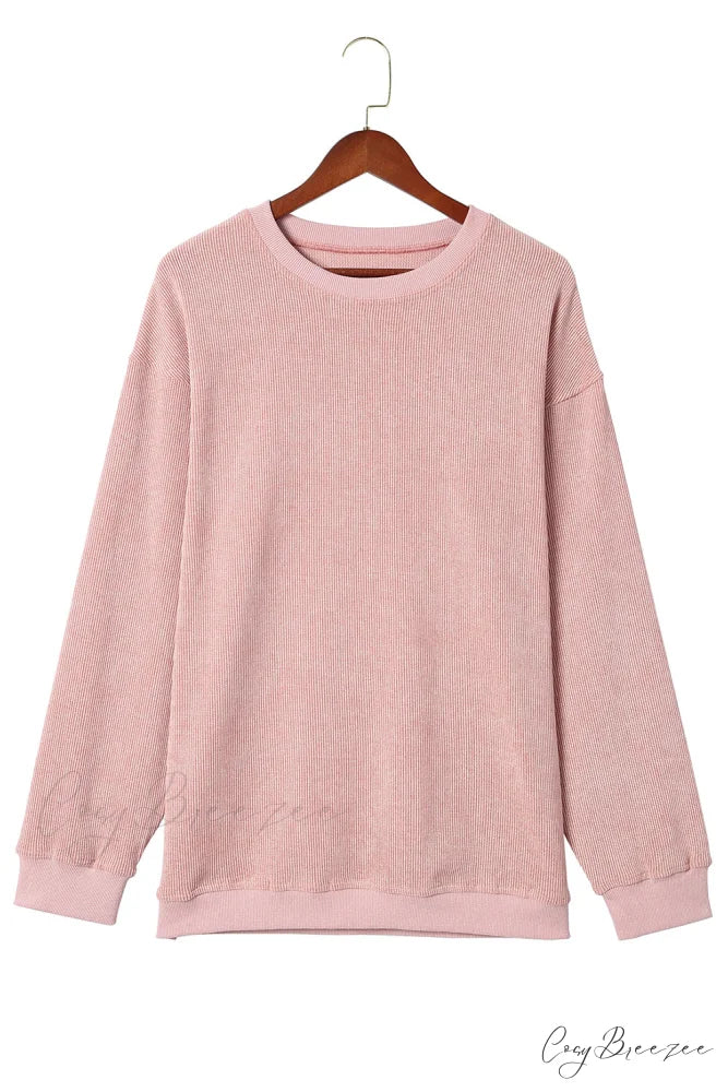 Knit Neck Pullover Ribbed Pink Round Sweatshirt