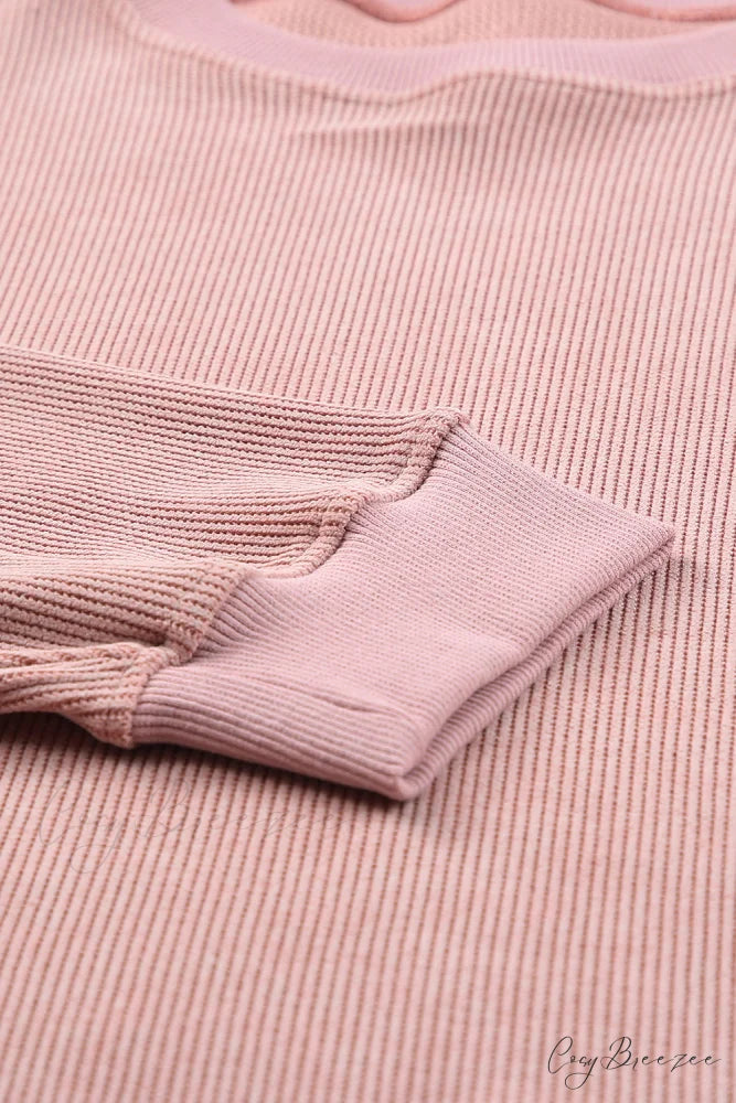 Knit Neck Pullover Ribbed Pink Round Sweatshirt