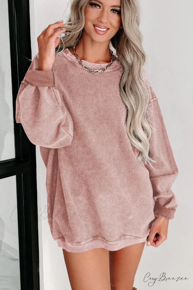 Knit Neck Pullover Ribbed Pink Round Sweatshirt